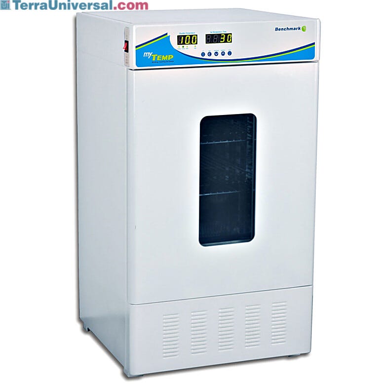 myTemp 65HC Heating and Cooling Incubator by Benchmark Scientific has a 2.3 cu. ft. capacity, a powerful compressor and a stainless steel interior | 2828-06 displayed