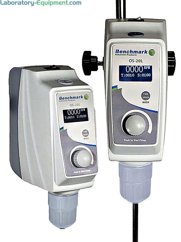 High torque 20L and 40L Overhead Stirrers by Benchmark Scientific for low to medium viscosity samples includes a stand and a 4-arm stainless steel propeller; av  |  6927-PP-07 displayed