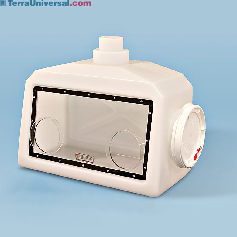 Economical, lightweight, portable glove box features a one-piece polyethylene shell with exhaust ventilation flange and large acrylic viewing window | 3308-10 displayed