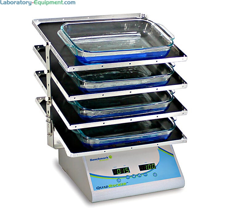Compact, high-capacity QuadRocker 4-Tier Rocker by Benchmark Scientific includes four non-slip platforms and feature rocking speed and tilt angle  |  2829-PP-20 displayed