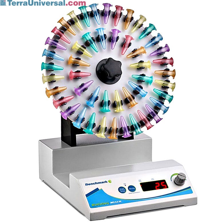 Rotating Mixer by Benchmark Scientific features an alternating-reverse mode for vigorous mixing applications; accepts 12 x 50 ml, 20 x 15ml or 48 x 2.0ml tubes  |  2808-03 displayed