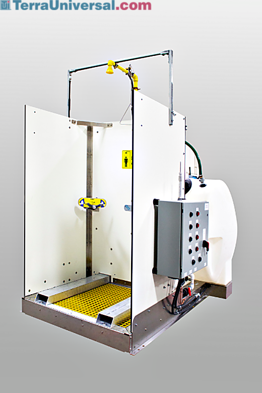 The self contained indoor safety shower is skid mounted for better grip