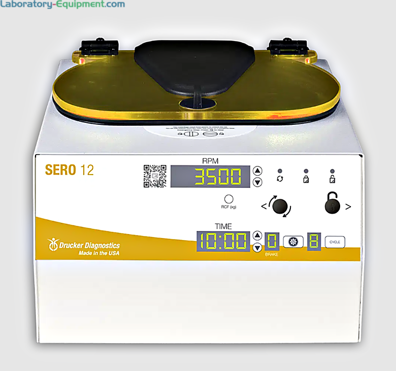 SERO 12 Blood Banking Centrifuge with a 12-place swing out rotor, safety lid, and 10 user settings spins 6 caped or 12 uncapped 75-100 mm tubes; 3,400 rpm | 1717-68 displayed