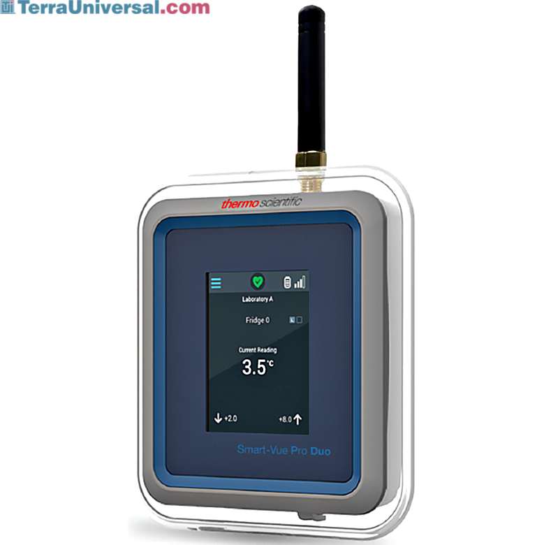 915MHz Smart-Vue Pro Duo Remote Monitoring System by Thermo Fisher Scientific with two sensor channels monitors multiple equipment simultaneously; SVPHWRMOD012 | 1620-97 displayed