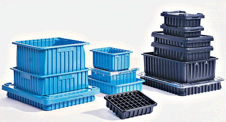 Stackable tote boxes available in conductive or dissipative polymer, with opitonal lids and inlay dividers | 6000-12 displayed