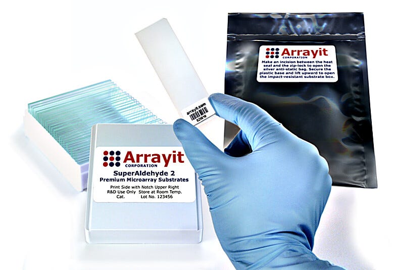 All substrate slides are compatible with a variety of Arrayit instruments, tools and consummables | 3031-52-B displayed