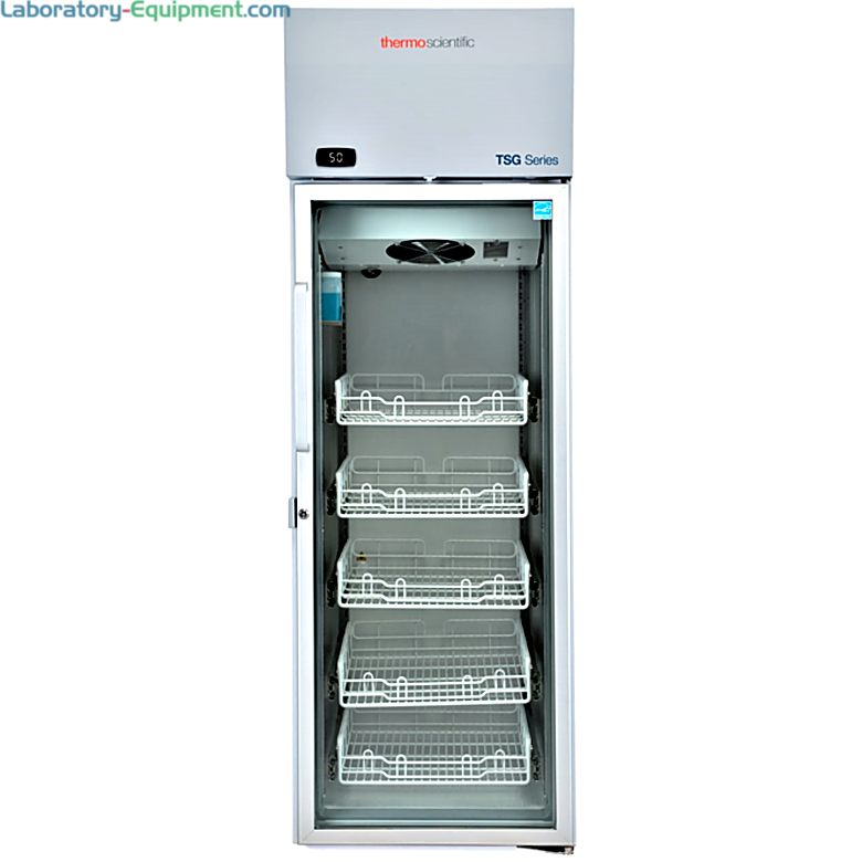 NSF 456 Compliant TSG1205PA Pharmacy Glass Door Refrigerator by Thermo Scientific designed for vaccine storage with a 2–8°C temperature range and a 5°C setpoint  |  1621-60 displayed