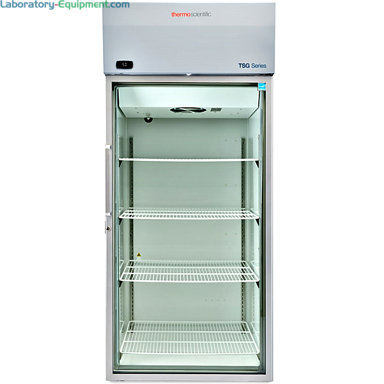 Energy-efficient 29.2 cu. ft. TSG3005GA Glass Door Lab Refrigerator by Thermo Fisher Scientific with a 2–8°C temperature range includes casters and shelves