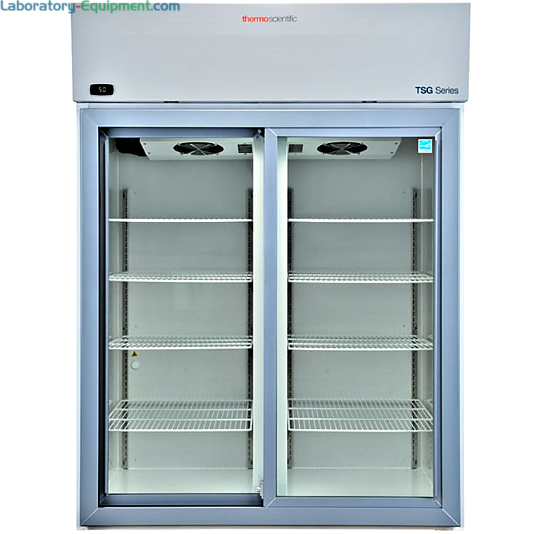 Energy-efficient 45.8 cu. ft. TSG4505GA Sliding Glass Doors Lab Refrigerator by Thermo Fisher Scientific with a 2–8°C range includes 4 casters and 8 shelves