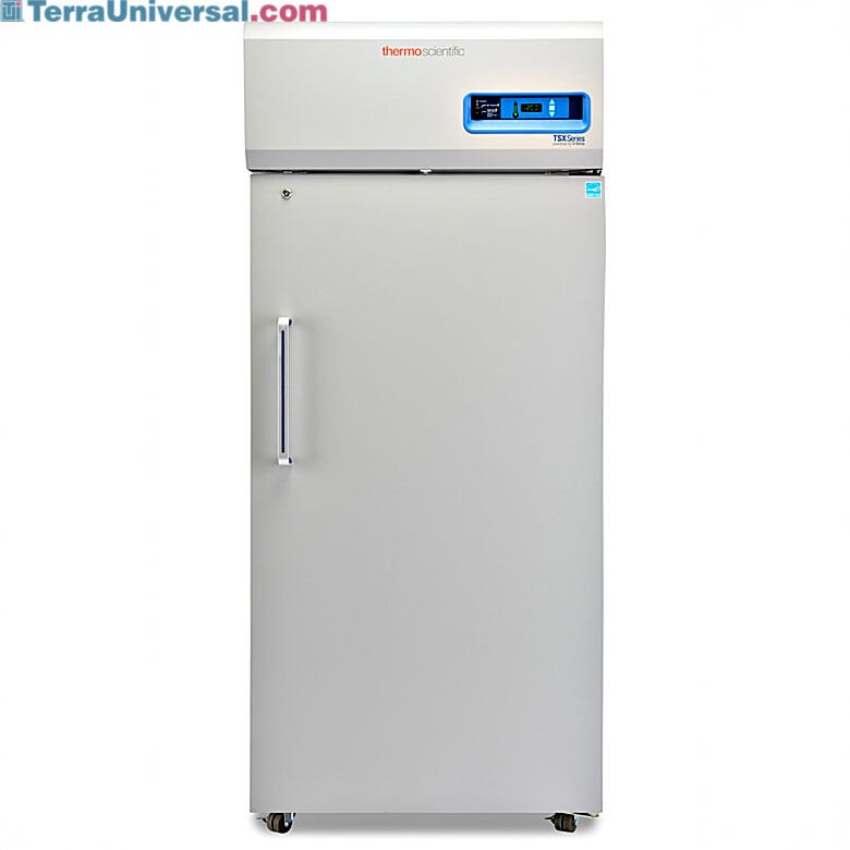 Single-solid door 827L TSX High-Performance Refrigerator by Thermo Fisher Scientific includes 4 shelves and casters; GMP Clean Room Class A/ISO 6 compatible | 1621-14 displayed