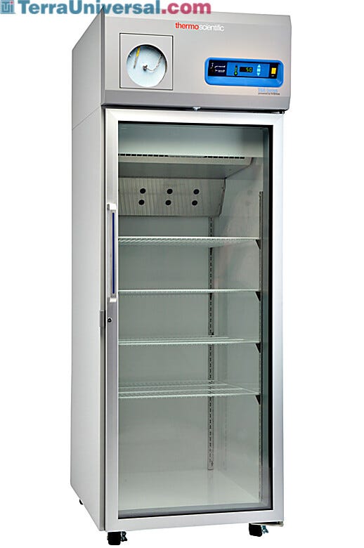 Single-glass door 650L TSX High-Performance Refrigerator by Thermo Fisher Scientific includes 4 shelves and casters; GMP Clean Room Class A/ISO 6 compatible | 1621-08 displayed