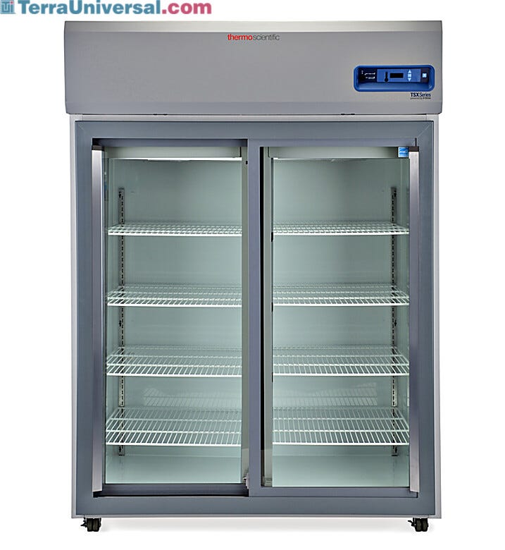 Double-glass door 1297L TSX High-Performance Refrigerator by Thermo Fisher Scientific with 8 shelves and casters; GMP Clean Room Class A/ISO 6 compatible | 1621-10 displayed