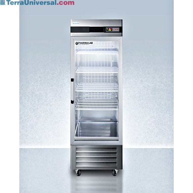A 23 cu. ft. upright single glass door pharmacy refrigerator with a digital LED readout, by Accucold  |  1622-26 displayed
