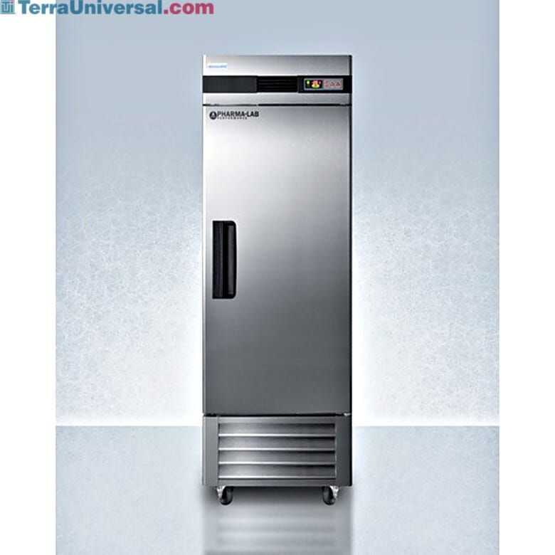 A 23 cu. ft. upright single solid stainless steel pharmacy freezer with a digital LED readout, by Accucold  |  1622-17 displayed