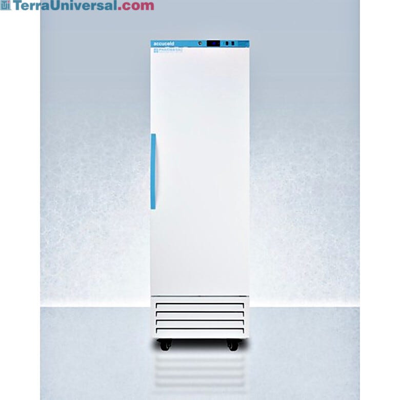 A 9.53 cu. ft. upright single solid vaccine freezer with a digital LED readout, by Accucold  |  1622-15 displayed