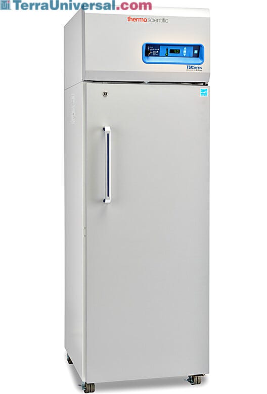 Single-solid door 326L TSX High-Performance Refrigerator by Thermo Fisher Scientific includes 4 shelves and casters; GMP Clean Room Class A/ISO 6 compatible  |  1621-12 displayed