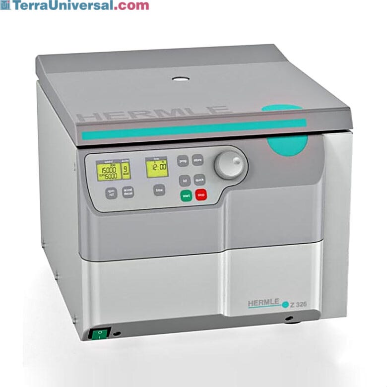 Compact lab centrifuge has 18 rotor options (order separately) and built-in safety features. Hermle’s Z326 is air-cooled, stores up to 99 programs | 2823-61 displayed