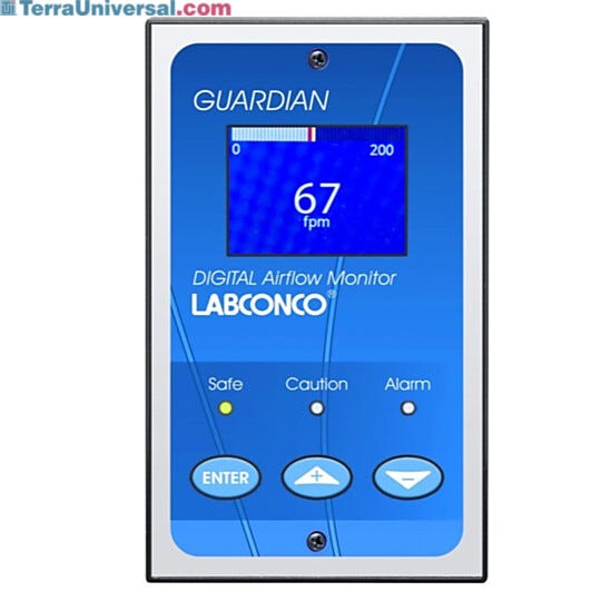 100-115V Guardian Digital Airflow Monitor by Labconco #9413400 with an LCD display and 50 to 25 fpm for Protector and Premiere Hoods  |  3646-95 displayed