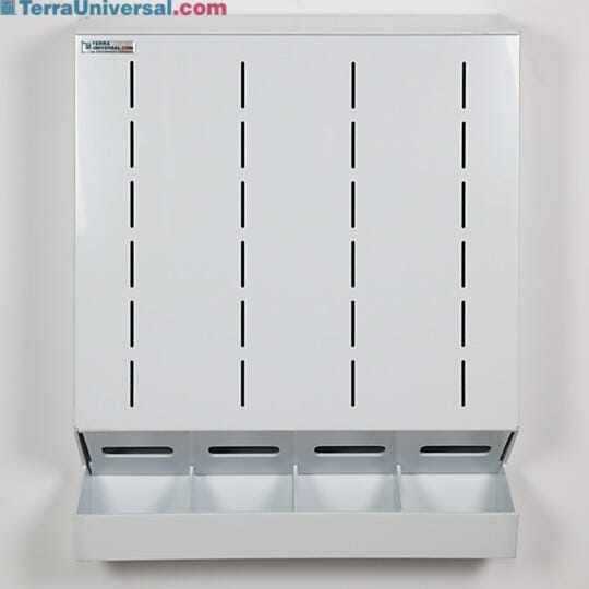 Wall mount 4-chamber glove dispenser in polypropylene with built-in catch basin and hinged top | 4952-14A displayed