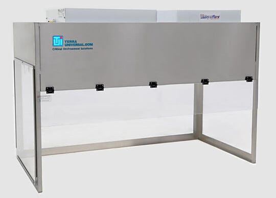WhisperFlow Benchtop Hoods include HEPA filtration units to create ISO 5 cleanliness conditions (shown: 60"W with dissipative PVC panels)