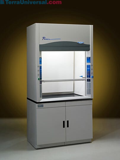 Four foot Protector Premier laboratory fume hoods by Labconco shown with optional storage cabinets | 3649-00 displayed