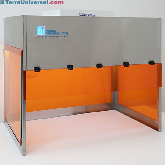 BioSafe® benchtop vertical laminar flow hood with amber acrylic panels to filter out UV and blue light; protects light sensitive materials from degrading | 1688-AA-4830 displayed