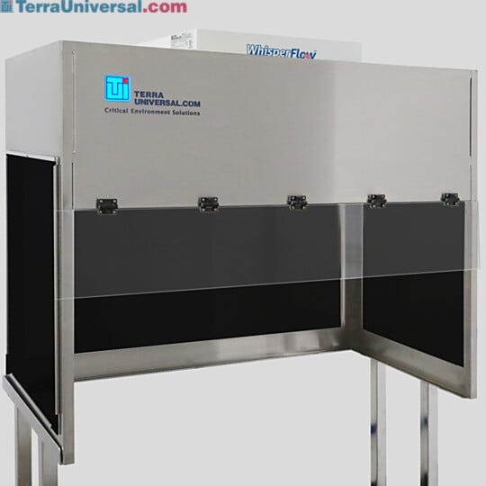 BioSafe® benchtop vertical laminar flow hood with opaque black acrylic panels to block ambient light; front shield is transparent static-dissipative PVC | 1688-BA-4830 displayed