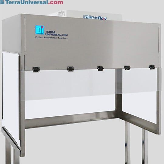BioSafe® benchtop vertical laminar flow hood with opaque polypropylene panels for excellent chemical resistance; front shield is transparent static-dissipative | 1688-FM-4830 displayed