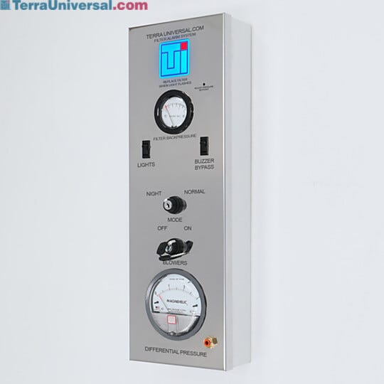 Cleanroom control panel provides centralized control and monitoring of cleanroom functions; status indicator LED blinks when FFU filters need replacement  |  6600-23A-NS displayed