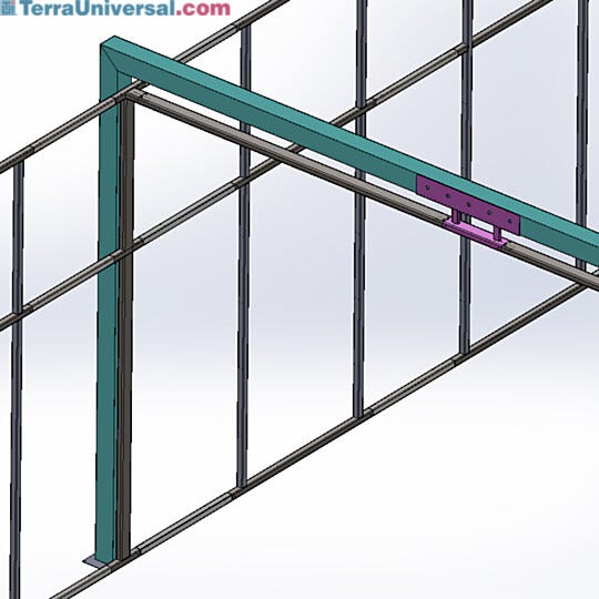 Close-up of roof truss (cyan) installed to 12’H hardwall cleanroom frame; connector (pink) anchors cleanroom ceiling to overhead beam to reduce weight load  |  6609-01 displayed