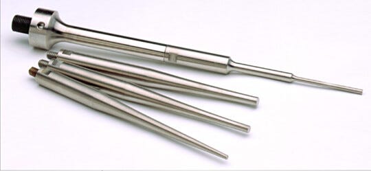 Double stepped microtip shown with tapered microtips: 1/8''D, 3/16''D, and 1/4''D  |  2601-33 displayed
