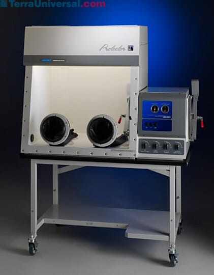 Protector Controlled Atmosphere Glove Box shown with fiberglass lining and optional base stand | 3644-05 displayed