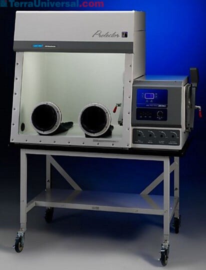 Labconco Protector filtered glove box shown shown with optional base stand | 3644-00 displayed