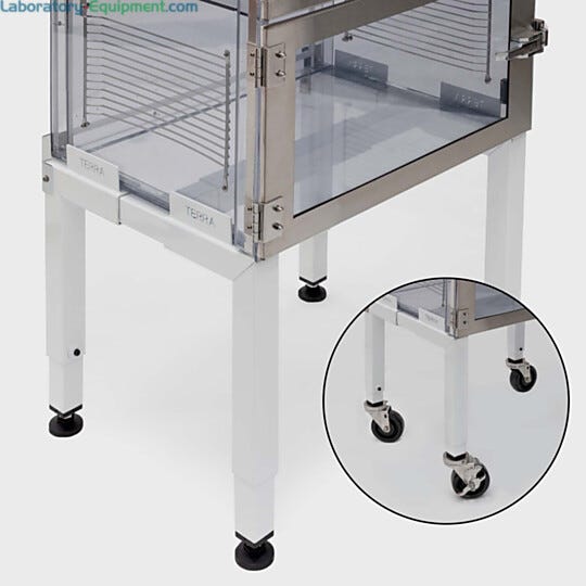 Small 12"H powder-coated steel desiccator stand; optional casters simplify positioning and cleaning