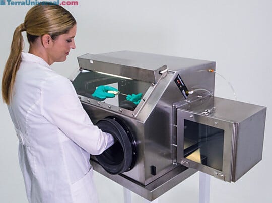 Smart® stainless steel glove box with automatic RH control maintains an inert environment to protect oxygen- and moisture-sensitive parts; optional air lock  |  3305-34A displayed