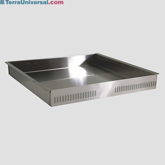 304 Stainless steel solid-bottom tray with extra depth for desiccators 21.3" W x 14.5" D x 2.6" H, single-sided perforation  |  1978-04 displayed