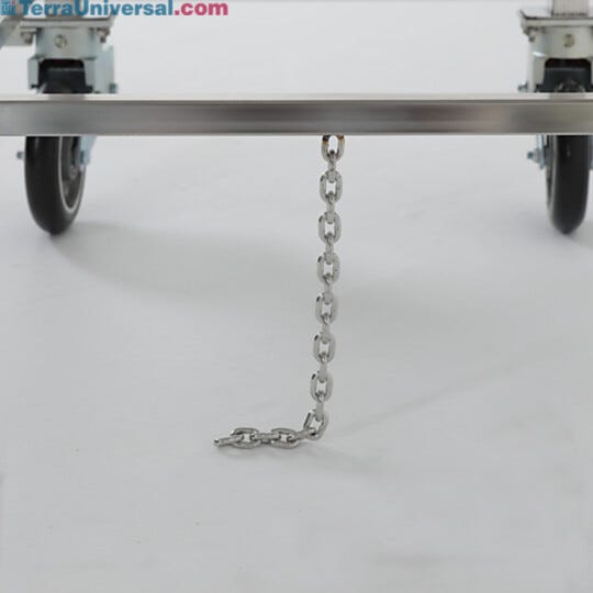 Grounding chain attached to the bottom of electropolished stainless steel cleanroom cart  |  9600-14 displayed