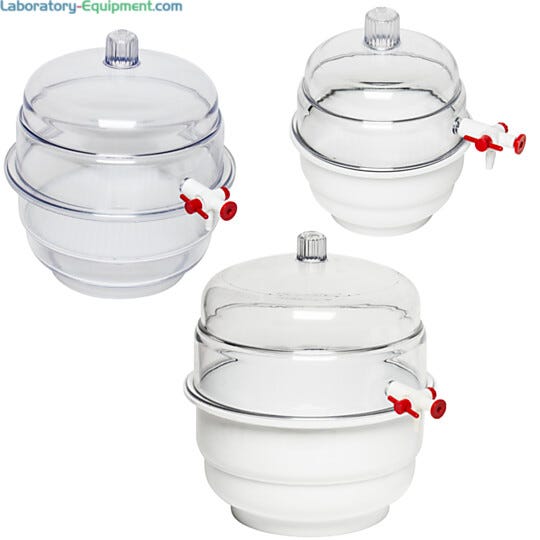 Vacuum Space-Saver desiccator drying chambers from Bel-Art feature white, chemical-resistant polyurethane base  |  1539-55 displayed