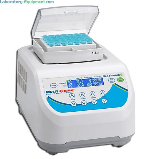 Benchmark Scientific’s Multi-Therm™ Vortexer provides temperature controlled mixing at speeds up to 1500 rpm | 2824-01 displayed