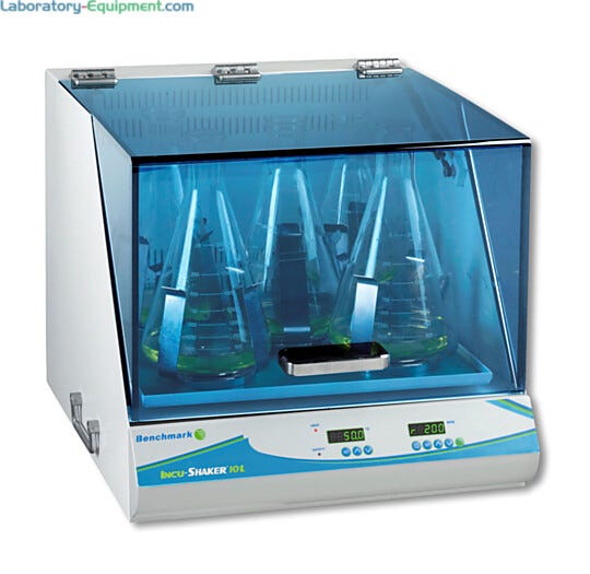 Benchmark Scientific’s Incu-Shaker™ 10L offers digital temperature control with variable shaking speed (shown with optional flask clamps) | 2823-PP-12 displayed