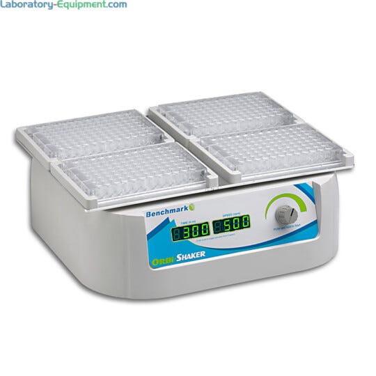 Benchmark Scientific’s Orbi-Shaker™ MP provides thorough mixing for up to 4 microplates at a time; includes tool-less mounting platform  |  2817-11 displayed