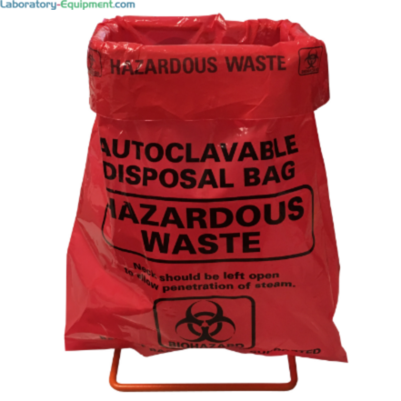 Economical Benchtop Disposal Set includes a metal stand and 400 Red Autoclave Biohazard Bags by MTC Bio, A9004-SK