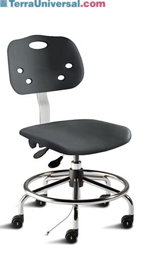 Biofit black ArmorSeat desk chair includes polypropylene seat and backrest, tubular steel base, footring, and dual-wheel casters for ESD applications