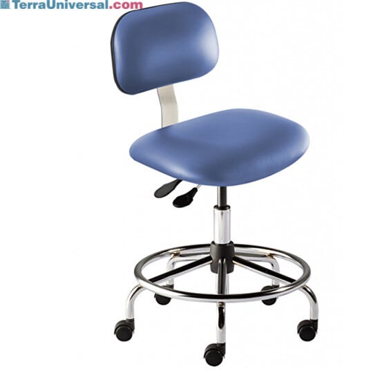 ANSI and LEED compliant Biofit Bridgeport BTS-M-RC ISO 6 Lab Chair features Grade 2 blue vinyl, casters, footring, a steel base and a 21-28" seat height range  |  2807-63 displayed