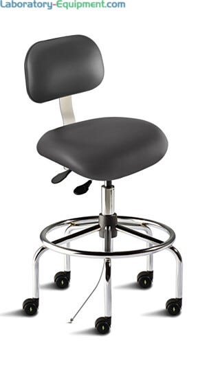 Biofit black desk chair includes tubular steel base, large trapezoid backrest, saddle-shaped seat, footring, and dual-wheel casters for ESD applications