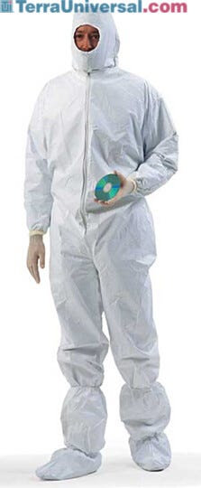 ProClean disposable garments are three times cleaner yet cost less than traditional disposables; shown with coveralls, hood, boots  |  1350-52 displayed