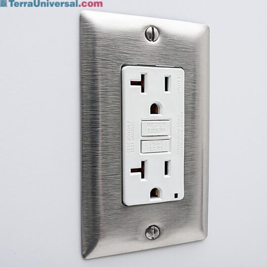 GFCI duplex power outlet with stainless steel cover and quick-connect plug  |  6704-33A displayed