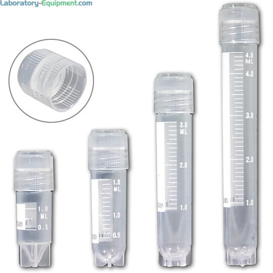Self-standing externally threaded cryogenic vial with printed graduations and marking area
