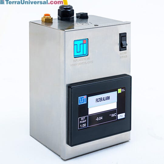 Filter alarm enclosure with PLC features a digital touchscreen display, buzzer bypass switch, and conduit fittings for complete filter status monitoring | 2625-54C-SS displayed