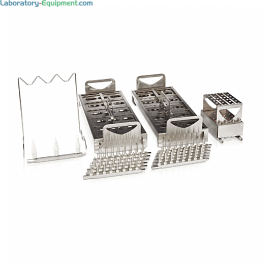 Analytical Lab Kit for FlaskScrubber includes: 15x45 mm and 12x32 mm vial and 24-place pipette inserts, a graduated cylinder insert and an upper spindle rack | 6921-91 displayed